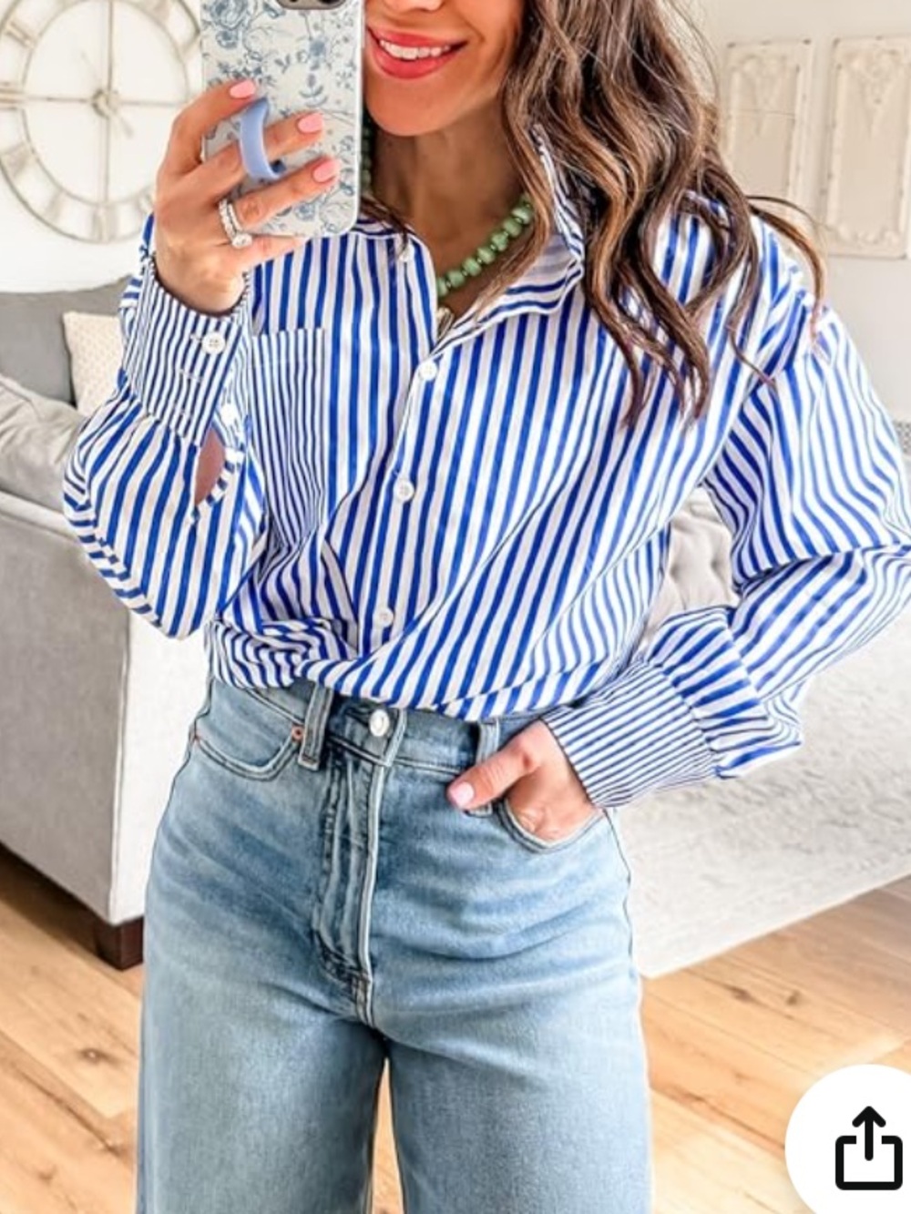Classic Blue & White Striped Button-Up Shirt - Women ruffle collar